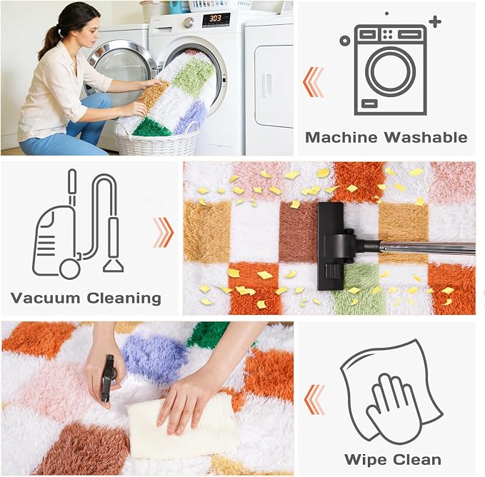 Area Rugs for Living Room 8x10, Ultra Fluffy Shag Checkered Rug Modern Washable Carpet Soft Shaggy Non Slip Indoor Plush Rugs for Bedroom Dorm Office Home Aesthetic Decor, Green and Orange Colorful