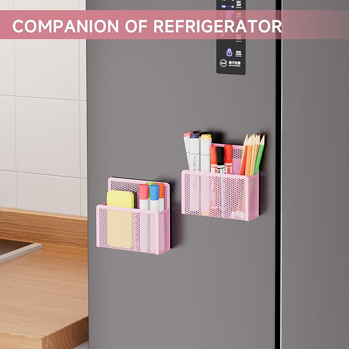 Marbrasse Magnetic Dry Erase Marker Holder, Mesh Pen Holder for Whiteboard，Magnet Pencil Organizer Storage for Refrigerator Locker Accessories Organizer for Home, School and Office(Pink)