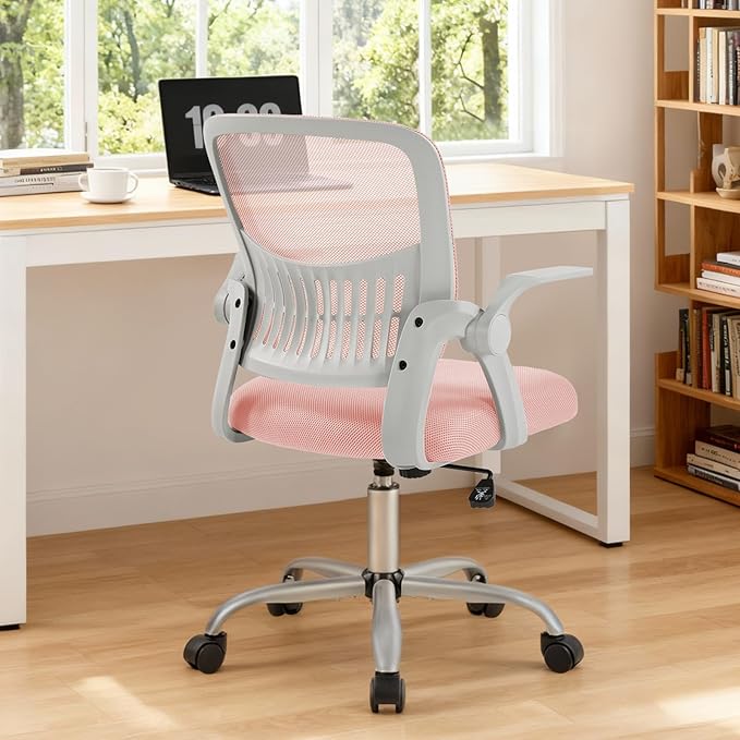 Sweetcrispy Home Office Managerial Executive Chair, Flip Up Armrest Ergonomic Mesh Adjustable Swivel Mid-Back Computer Desk Chair with Comfortable Lumbar Support, Comfy Arms for Bedroom,Study