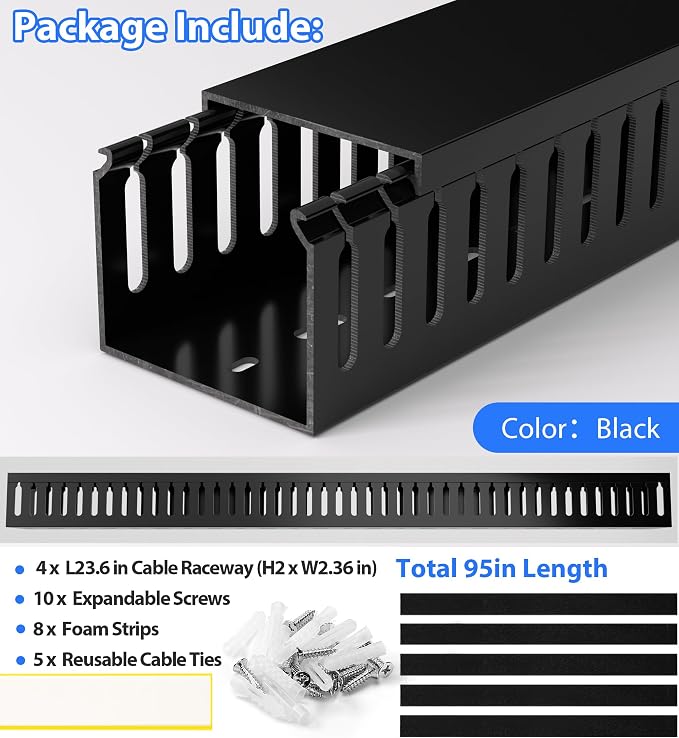ZhiYo 2"H x 2.4"W Cable Management Raceway, 95in Under Desk Channel, Black | Slotted Wire Duct, 4Pack, 23.6in Each, Heavy-Duty PVC Cable Management for Server Racks, Network Cables & Electrical Cabinets