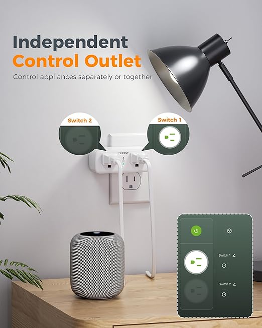TESSAN 2 Pack Smart Plug, WiFi Smart Outlet with Dual Sockets, Compatible with Alexa and Google Home, Remote Control Outlet with Timer Function, Voice Control, Surge Protection, 2.4GHz WiFi Only