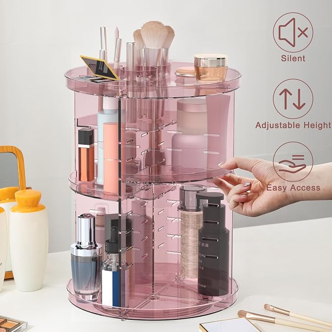 Rotating Makeup Organizer, DIY 8 Adjustable Layers Spinning Skincare Storage, Cosmetic Display Case with Brush Holder and Perfume Tray, Multi-Function Vanity Bathroom Countertop Organizer Clear Pink