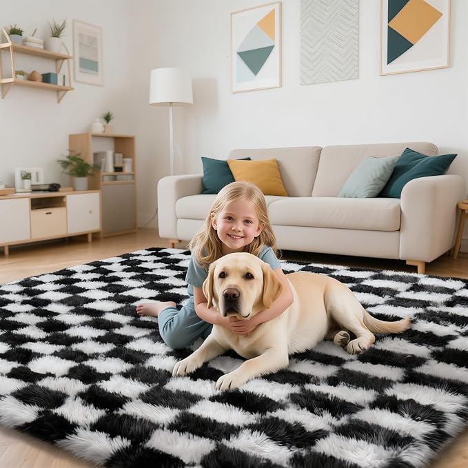 Checkered Rug for Bedroom, 5x8 Black and White Area Rugs, Classic Checkered Carpets Shag Area Rug, Bedside Rugs for Living Room Bedroom Room Home Decor