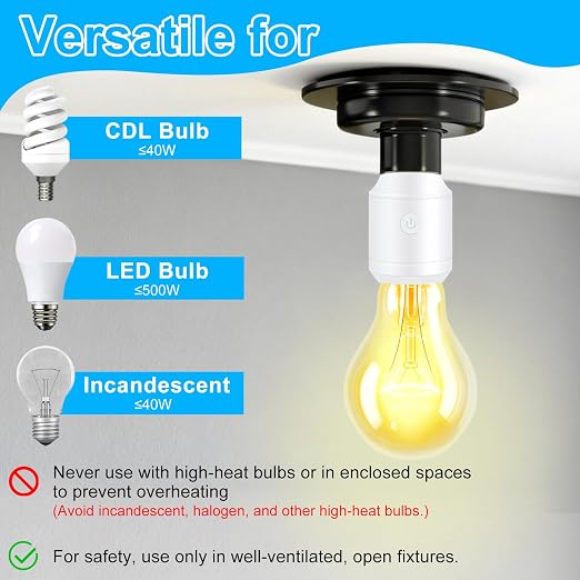 Greencycle Remote Control Light Bulb Socket,Max 500W LED,Wireless Wall Light Switch for Pull Chain Light Fixture,E26 E27 Bulb Base,No Wiring,500ft RF Range,for Bedroom,Stair