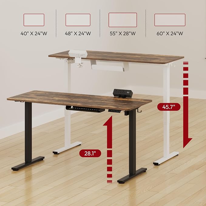 SANODESK Electric Standing Desk with Desk Clamp Power Strip 55"x 28" Whole-Piece Desktop Height Adjustable Stand Up Desk with Cable Management Sit Stand Home Office Desk White Frame/Rustic Brown Top