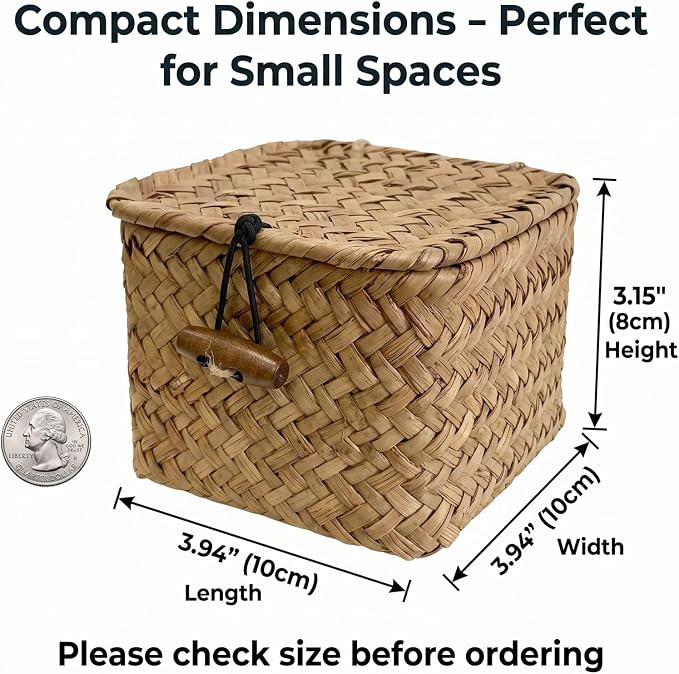 Mini Seagrass Basket with Lid, Square Handwoven Wicker Storage Bins, Key Holder, Jewelry, Hair Ties, Candy Organizer for Shelf, Entryway, Desk, Home Decor, 3.94x3.94x3.15 inch