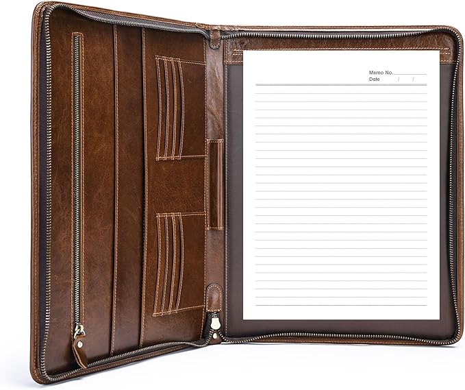 Genuine Leather Portfolio Men Women Zipper Business Resume Padfolio Binder A4 Meeting Folder Organizer 13 inch brown coffee