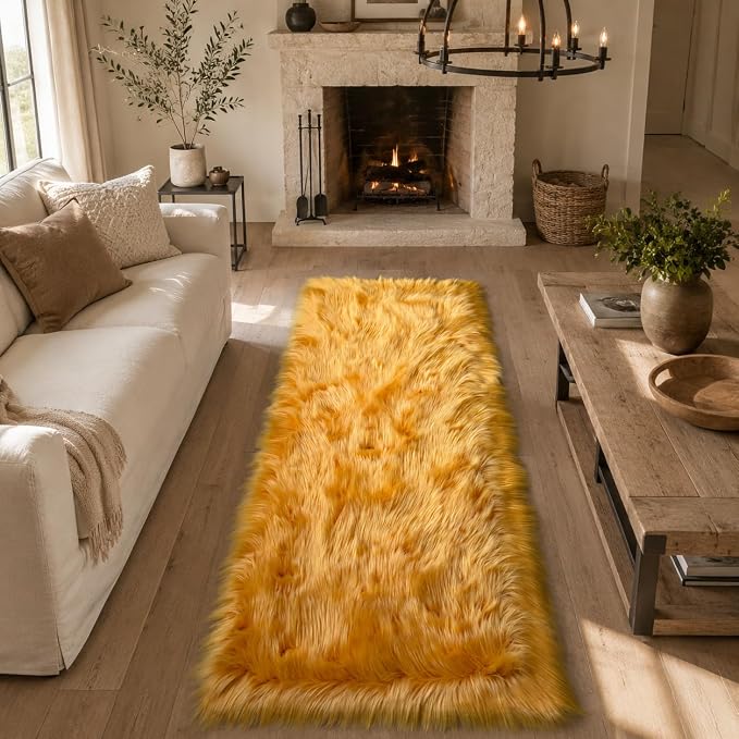 EasyJoy Faux Sheepskin Rug, Fluffy Faux Fur Rug, Ultra Soft Shag Area Rug with Non-Slip Backing for Bedroom, Living Room, Nursery, Kids Room(2x6 ft Rectangle, Golden Yellow)