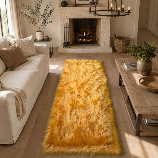 EasyJoy Faux Sheepskin Rug, Fluffy Faux Fur Rug, Ultra Soft Shag Area Rug with Non-Slip Backing for Bedroom, Living Room, Nursery, Kids Room(2x6 ft Rectangle, Golden Yellow)