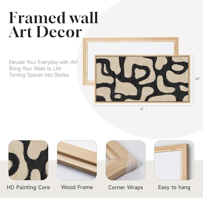 Framed Abstract Neutral Horizontal Wall Art for Living Room, Black Beige Mid Century Modern Artwork for Walls, Large Abstract Canvas Painting Print for Bedroom Hallway Home Office Wall Decor, 24x48 In