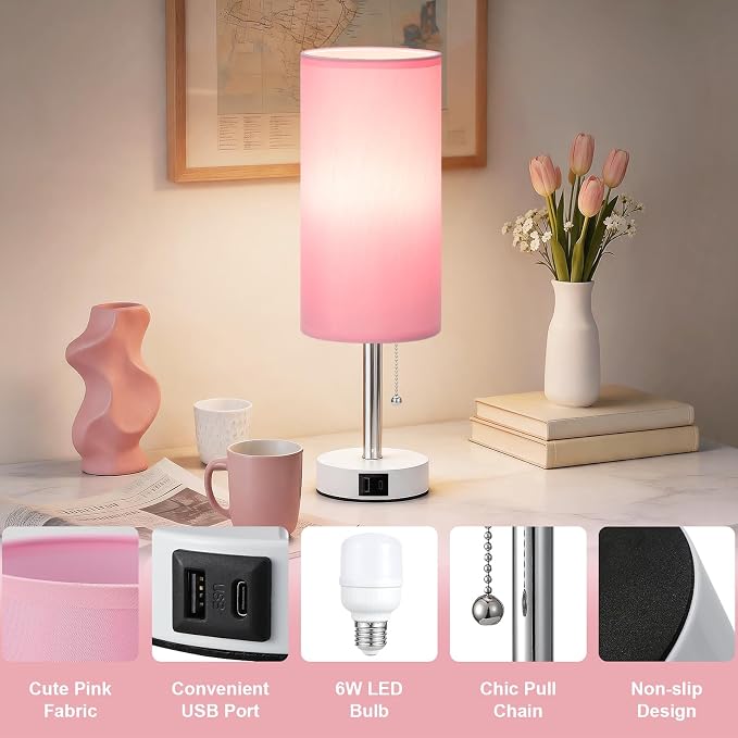 Dicoool Pink Bedside Table Lamp for Bedroom, Small Nightstand Lamp for Girls Kids, 3 Color Temperatures & USB Charging Port, Cute Desk Lamp for Teens Room Decor, Dorm Room Essentials