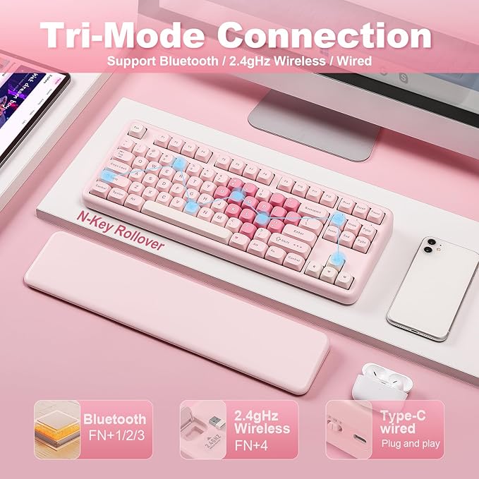 YUNZII B87 Wireless Mechanical Keyboard,QMK/VIA Programmable,TKL Layout 87 Keys,BT/2.4G/USB-C,Hot Swap Gasket Mount RGB Backlit Gaming with Wrist Rest for Win/Mac (Pink, Cocoa Cream V2)