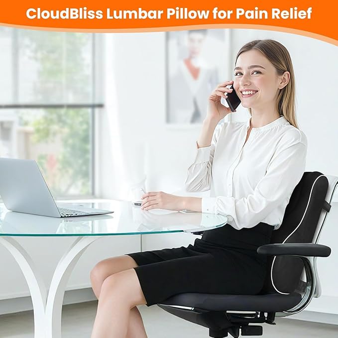 CloudBliss Ergonomic Lumbar Support Pillow – Memory Foam for Lower Back Pain Relief, Adjustable Straps & Mesh Cover for Office, Gaming, Car Seat & Home Essentials (XL, Black)
