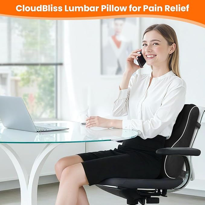CloudBliss Lumbar Support Pillow, Memory Foam for Office, Standard, Black | Ergonomic High-Density Memory Foam, Adjustable Straps, Washable Mesh Cover, Lower Back Support for Office, Gaming & Car Seat