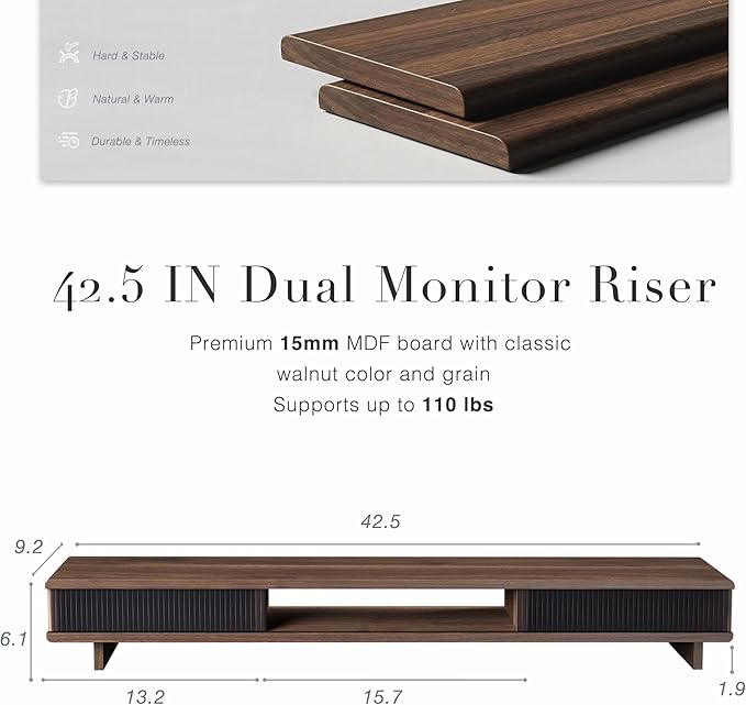 Dual Monitor Stand Riser with Storage Drawer for Desk Organization | Fits Dual 32" Monitors, Walnut Finish, Hidden Storage, Ergonomic Height, Holds 110lbs, No Flex, Quick Setup