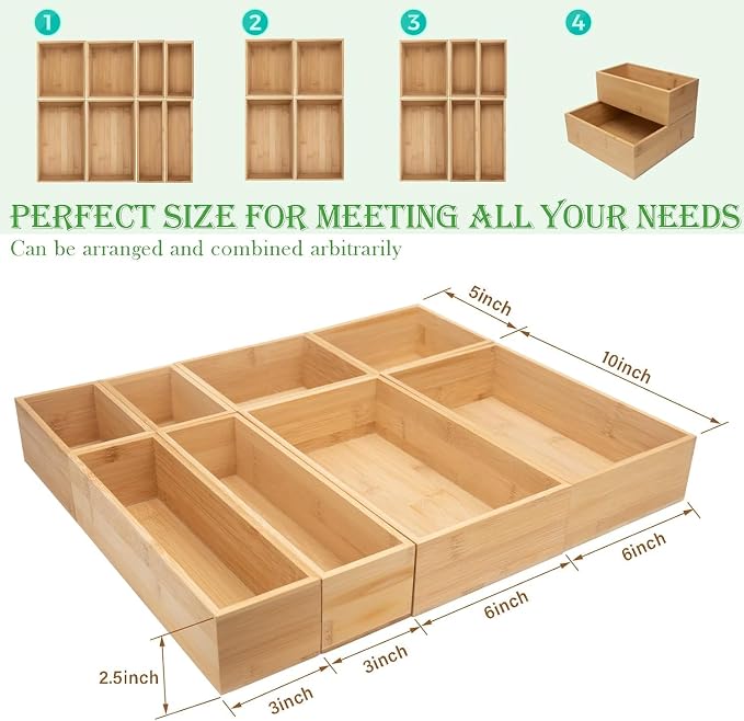 LEIMO KPARTS 8 Pcs Bamboo drawer Organizer Storage Box, Bin Set - Multi-Use bamboo Drawer Organizer Storage boxes for Kitchen Utensils, Bathroom, Office Desk, Makeup(8 Boxes)