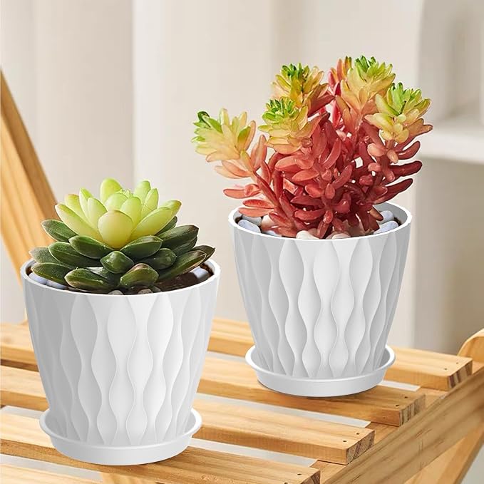UOUZ 12 Pack 4 Inch Small Plant Pots with Saucers, Waffle Texture Plastic Planters with Drainage Holes for Indoor and Outdoor Plants, Flowers, Herbs, Succulents, and Seedlings, White