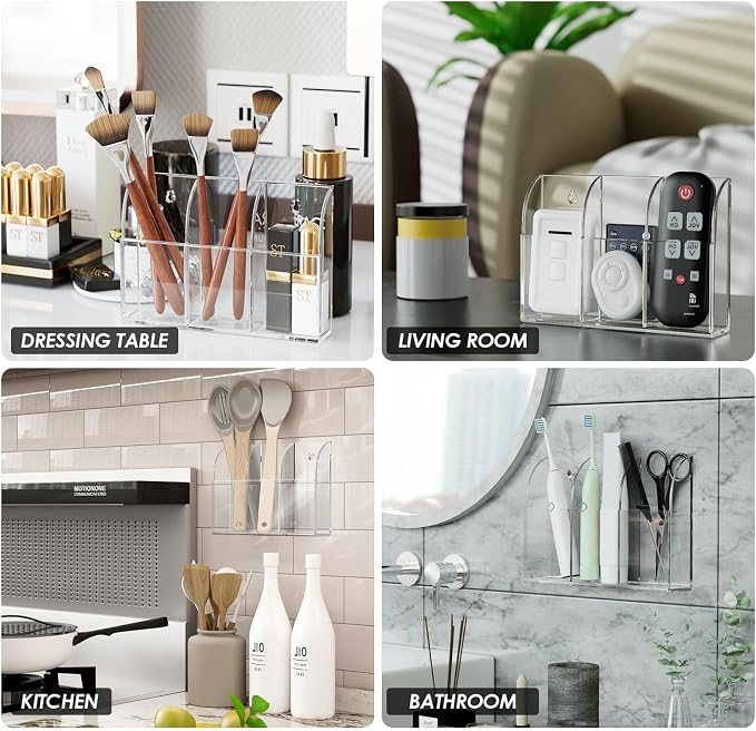 MaxGear Wall Marker Holder & Remote Control Organizer 3-Compartment | Clear Acrylic Dry Erase Board Marker & Pen Holder for Wall Mount, Includes Adhesive & Screws for Home/Office/Classroom
