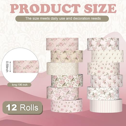 YooNotee 12 Rolls Watercolor Floral Washi Tape Set 15 mm Vintage Flower Decorative Masking Tape for Summer School Arts DIY Craft Scrapbook Journal Supplies Gifts(Dusty Pink,Rose)