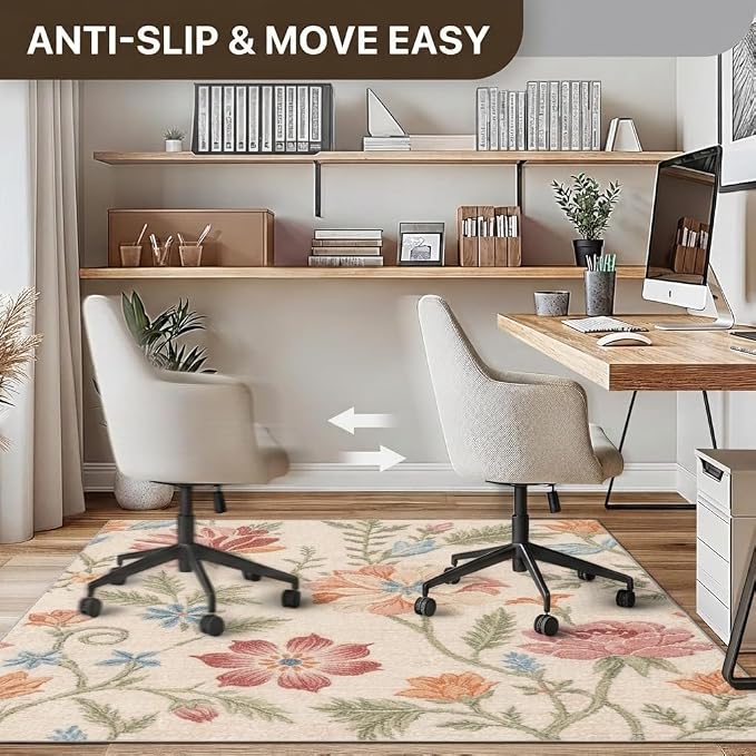 48"x60" Office Chair Mat for Hardwood Tile Floor, Under Desk Carpet Protector for Rolling Computer Chair Mat, Machine Washable Area Rug, Anti-Slip 1/5" Thick Low Pile Thin Vinyl Floor Mat, Blush Cream