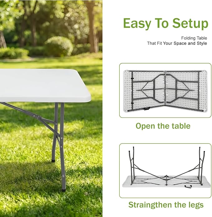 FDW 6FT Plastic Folding Table, Portable with Carrying Handle Perfect for Indoor, Outdoor, Party, Dining, Wedding, Events, Camping, White