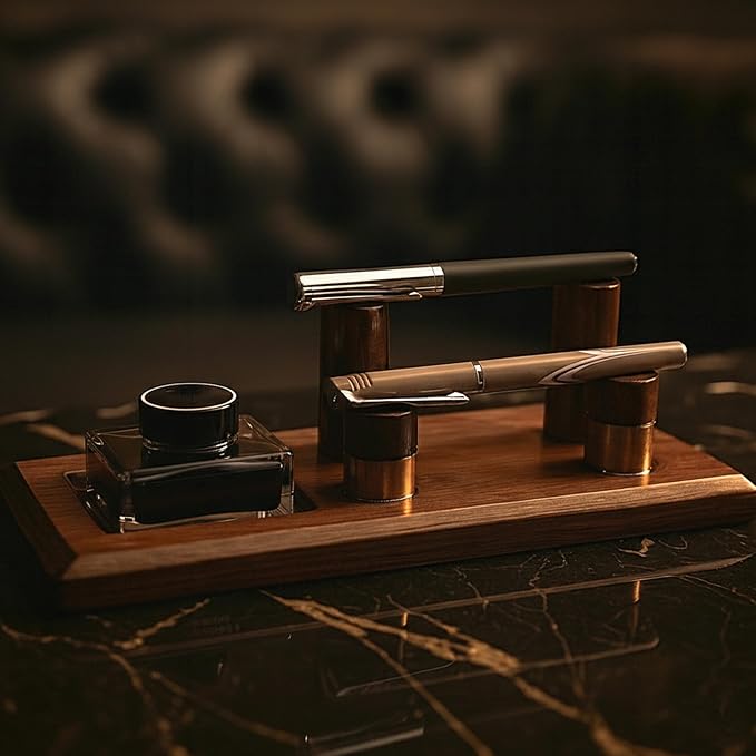HOMORA Luxury Wooden Desk Pen Stand with Ink Bottle Holder – Premium Executive Office Organizer for Fountain Pens, Calligraphy Pens & Writing Accessories