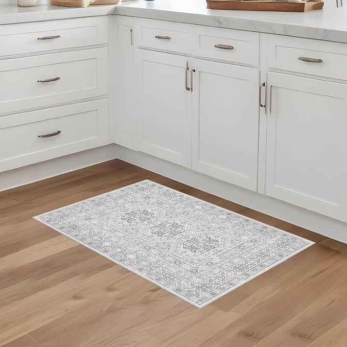 Washable Area Rug Non Slip - 2x3 Small Kitchen Boho Rug Vintage Entryway Low Pile Carpet for Doormat Grey