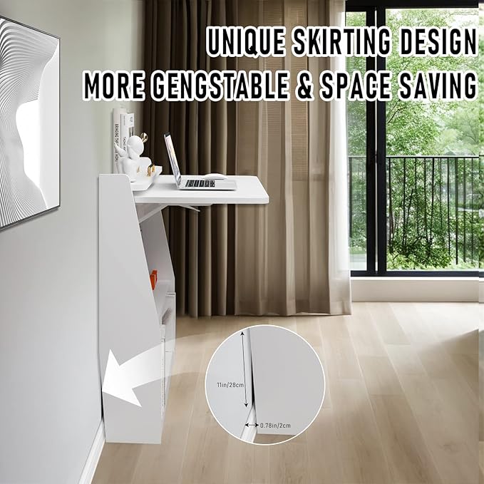 Pmnianhua Wall Mounted Desk, Wooden Folding Desk Space Saving Wall Desk with Storage Shelf Study Writing Table for Small Space (White)