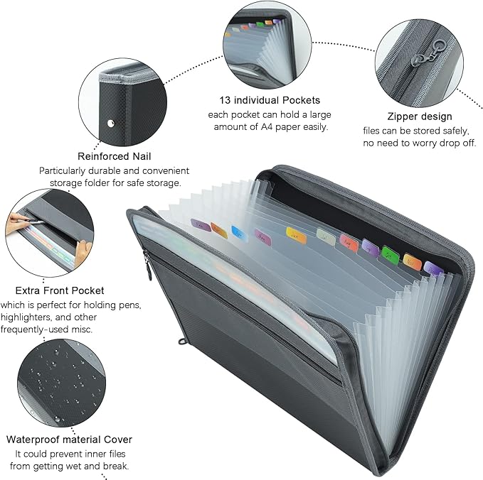 NAFY Expanding File Folder, 13 Pockets Document Organizer with Zipper, A4 Letter Size Portable Accordion Expanding File Folders with 27pcs Multicolor Labels for Home Office School Supplies (Black)