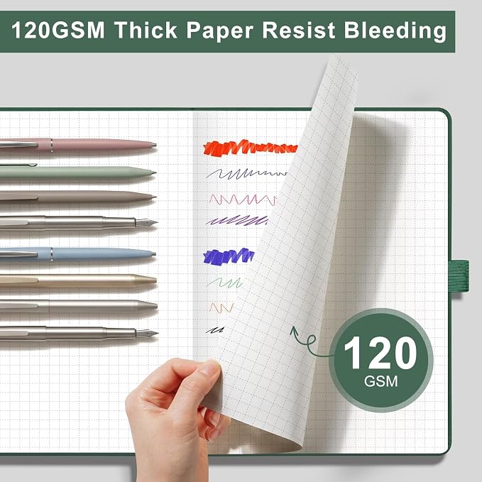 AHGXG Graph Grid Paper Notebook, 160 Pages, A5 Medium Size (5.7'' x 8.3''), 120 GSM Thick Paper, Leather Hardcover, for School, Students, Math, Engineering (Dark Green)