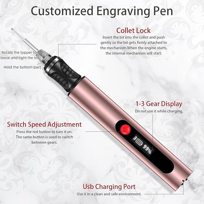 Engraving Pen, Ultimate Cordless Engraving Pen for Artists & DIYers - Engrave 60+ Surfaces - Beginner Friendly- 30 Bits & Mastery Guide (Rose)