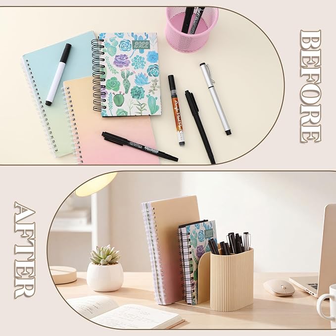 Ribbed Desk Organizer with 6 Compartments, Modern Aesthetic Desk Accessories for Men & Women, Cream Pen Holder Book Organizer Desktop Storage Caddy for Home Office School Workspace Decor