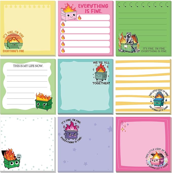 9 Pads Dumpster Fire Sticky Notes 3x3 Inch Cute Self Stick Notepads Notes Adhesive Memo Pad Office Decor Gifts for Students School Teacher Meeting Office Supplies