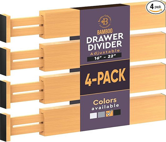 Kitchen Drawer Organizer - 4 Pack Bamboo Drawer Dividers 2.6 in High, Adjustable 16 to 22 in Expandable Spring Loaded Dividers with Non Slip Foam for Utensils, Clothes, Bathroom, Office, Dresser