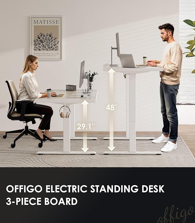 OffiGo 79 Inch Executive Electric Standing Desk Height Adjustable, White | 1.38" Thick 3-Panel Desktop, Power Outlets, 3 Memory Presets, Dual-Beam Frame for Home Office, Workstation, Conference Room