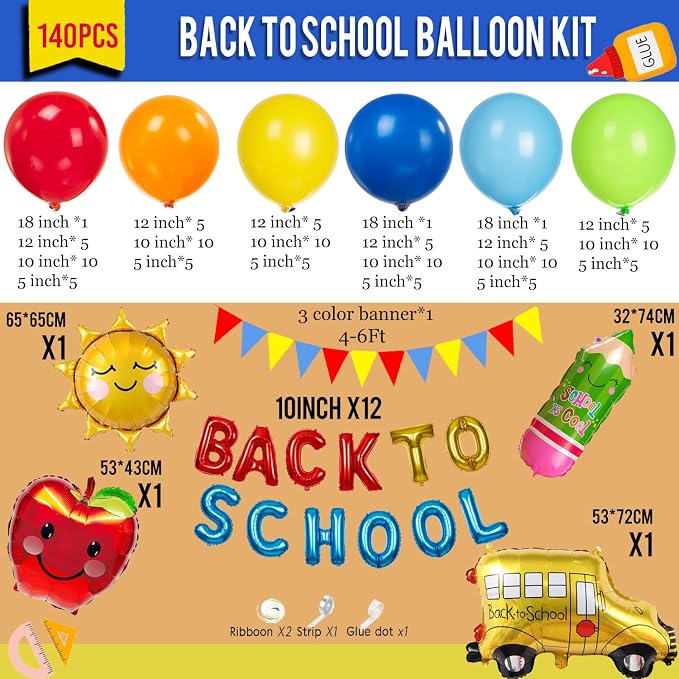 140 Pcs Red Blue Yellow Green Back to School Balloon Garland Arch Kit | Includes letter banner, rainbow pencil, school bus, sun and apple foil balloons ,Kindergarten Graduation Decorations
