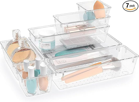 StorMiracle 7 PCS Clear Plastic Drawer Organizers Set, 4 Size Desk Drawer Organizer Trays for Makeup, Jewelry, Kitchen Utensils, Gadgets and Office Accessories