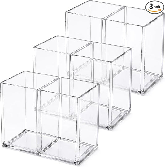 Gejoy 3 Pcs Acrylic Pencil Pen Holder Clear Makeup Brush Organizer 2 Compartments for Desktop Stationery Office Bedroom