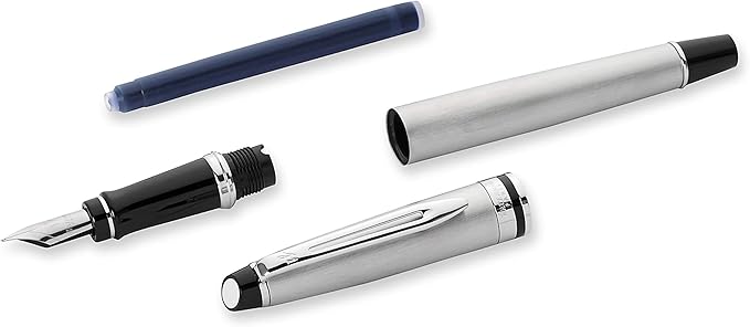 Waterman Expert Fountain Pen, Stainless Steel with Chrome Trim, Fine Nib with Blue Ink Cartridge, Gift Box