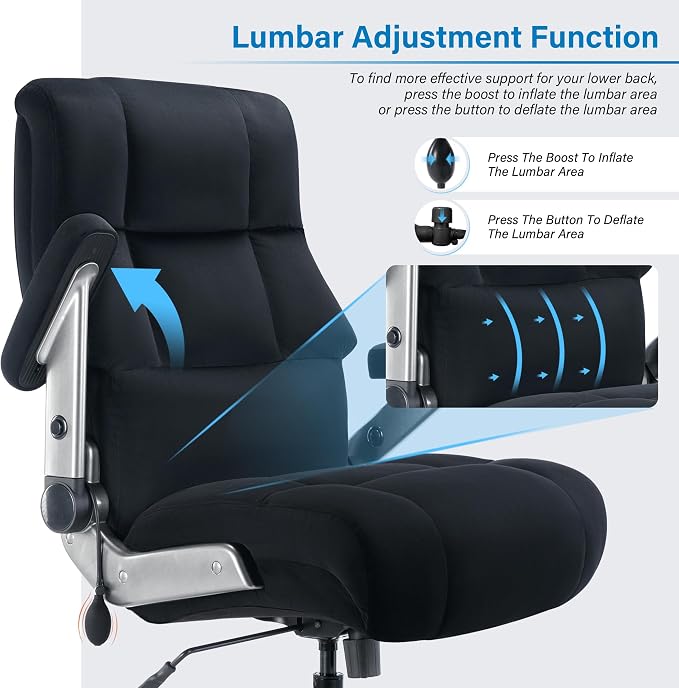Big and Tall Office Chair 700lbs, Fabric Heavy Duty Executive Desk Chair | 3D Flip Arms, Extra Wide, Upgraded Wheels, Adjustable Lumbar Support, Metal Base, Large Ultra-Soft Ergonomic Computer Chairs