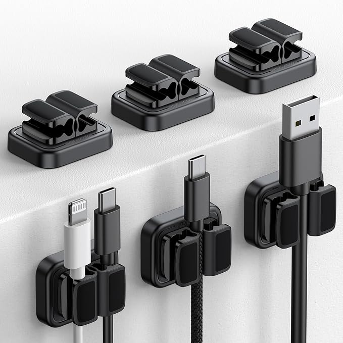 Lamicall 6Pack 3-in-1 Cord Spring Clip Holder - Small Clips for Desk Cable Organizer, Adhesive Adjustable Cable Holder for Charger Wire, USB Cord, Office, Car, Cord Management, Desk Accessories