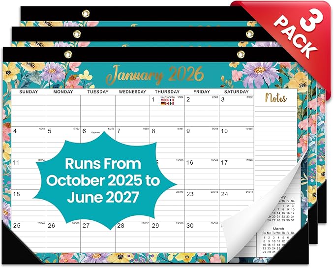 3 Pack of Desk Calendar 2026-2027, 21-Month Calendar Runs Unitl June 2027, Large 17" x 12" Monthly Desktop & Wall Calendar for Home & Office - Floral