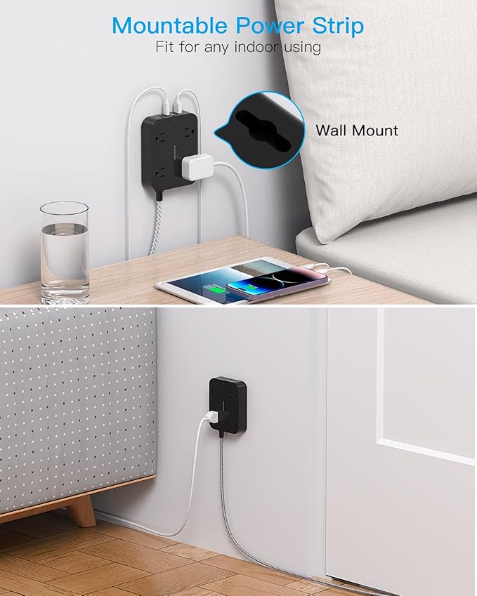 Black Extension Cord 25 Ft, HANYCONY Ultra Thin Flat Plug Power Strip with 4 Outlets 4 USB Ports (2 USB C), Wall Mount, Desk Charging Station for Office, Travel and Dorm Room Essentials