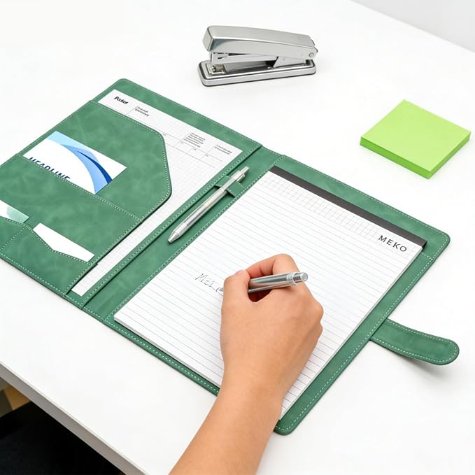 VANRA Padfolio Portfolio Binder Faux Leather Interview Resume Folder with Notepad, Document Organizer Card Holder, Letter-Sized Notepad Portfolio Organizer for Business School Office (Green)
