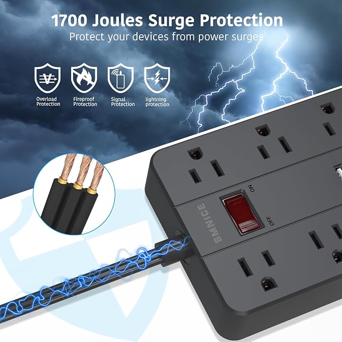 10 Ft Extension Cord Power Strip, SMNICE 8 Widely Spaced Outlets and 6 USB (1 USB C) Charging Ports Flat Plug Power Strip, Desktop Power Cord for Travel Home Office Accessories Black