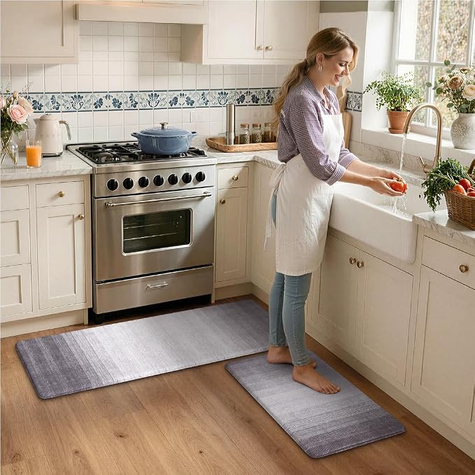 KIMODE Anti Fatigue Kitchen Mats for Floor,Gradient Grey Purple Kitchen Rug | Kitchen Rugs Sets of 2,Cushioned Kitchen Floor Mats, Comfort Laundry Rug, Paded Standing Mat for Bath Sink 17"x47"+17"x29"