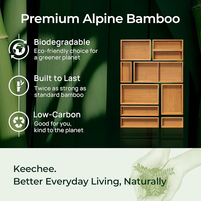 keechee 10-Piece Bamboo Drawer Organizer Set, 2.2" Deep Multi-Use Organizers for Utensils, Silverware, Cutlery, Desk, Bathroom, Junk Drawer & Makeup, Non-Slip Feet Included.