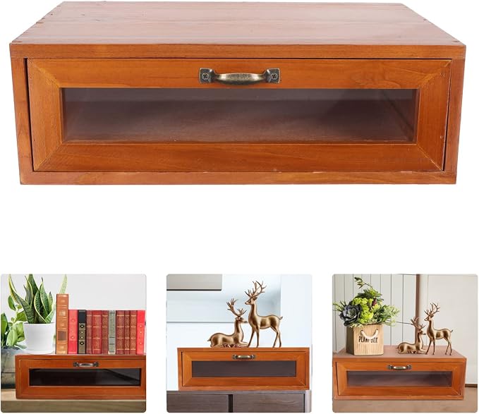Retro Wooden Monitor Riser with Drawer 11.81X7.28X3.93 Inch Desktop Storage Box Organizer for Office Makeup and Computer Accessories