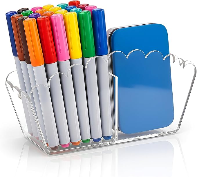 Chivalral Magnetic Side-Mount Acrylic Pen Holder - 2-Compartment Scalloped Organizer with Blackboard Attachment for Office, Classroom & Home Use