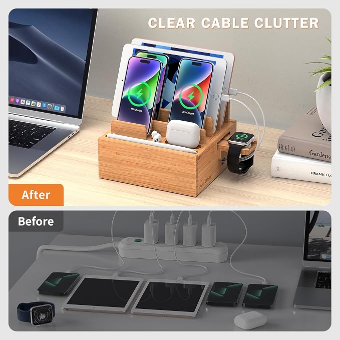 Pezin & Hulin Bamboo Charging Station for Multiple Devices with 5-Port HUB | Desktop Organizer, Wooden Docking Stations, All-in-1 Bamboo Dock Rack for Phones, Tablets, Watch–with 5 Cables